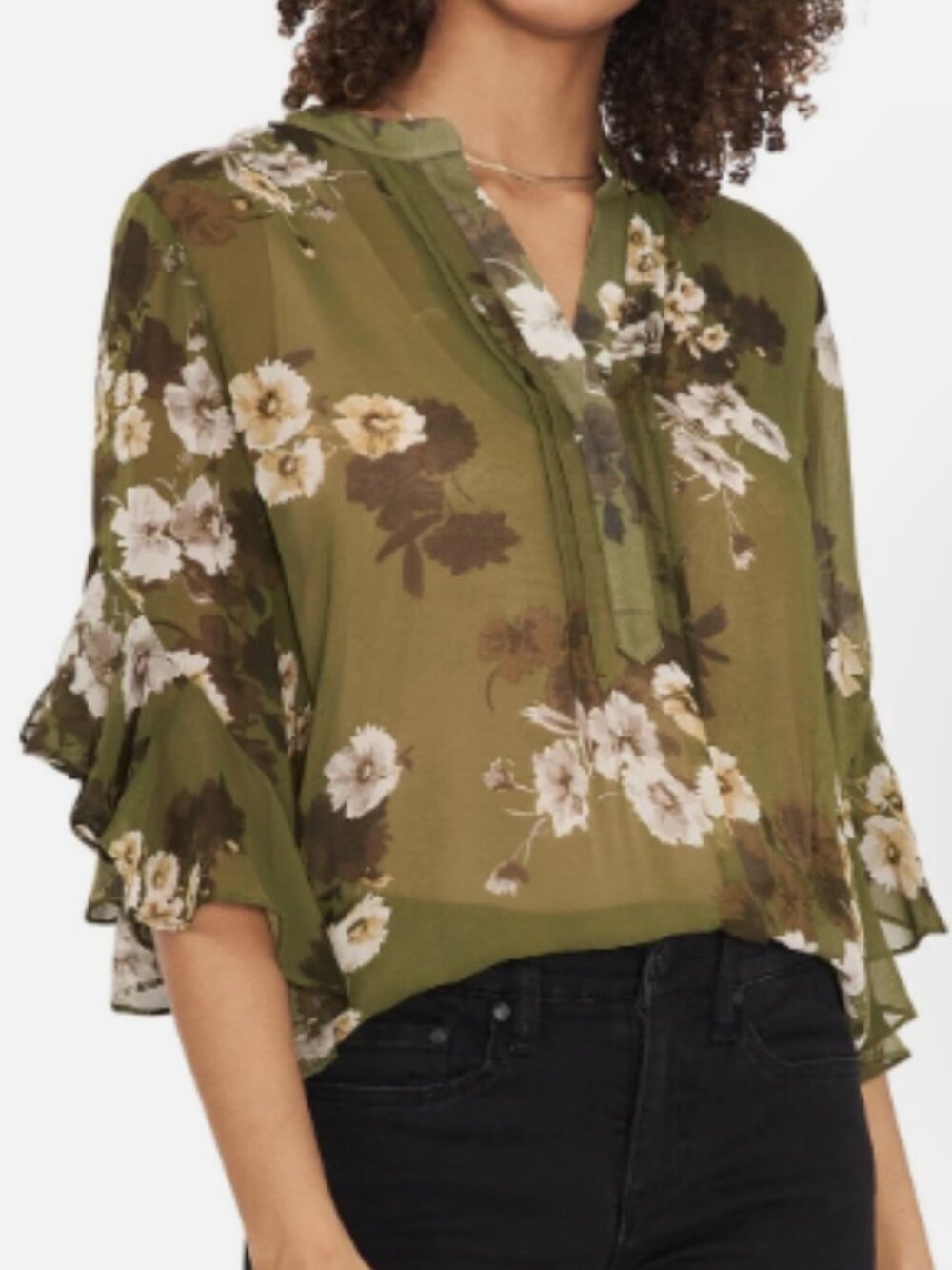 Vince Camuto Semi Sheer Floral Blouse Olive White Ruffle Sleeve Office Fall EUC